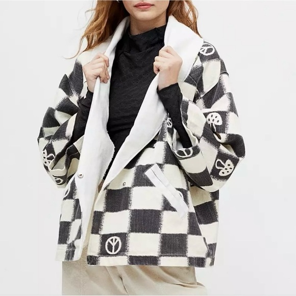Urban Outfitters REI Wide Sleeve Open Wrap Oversized Jacket Womens XS/S Checker - Picture 1 of 15